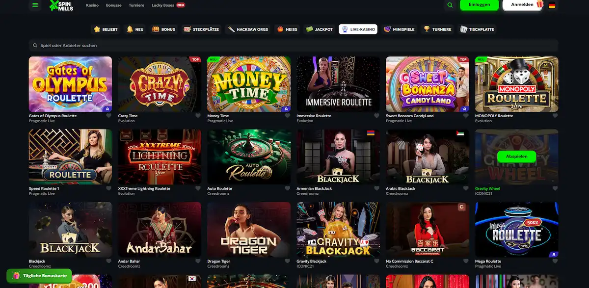Live-Casino-Bereich von Spinmills mit HD-Tischen